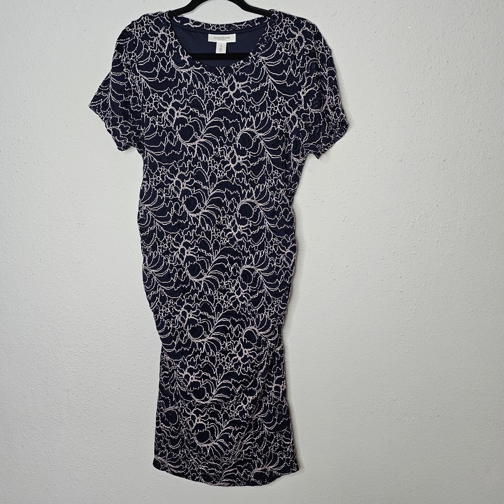 Motherhood Maternity Navy Blue Floral Lace Ruched Side‎ Sheath Dress Large L